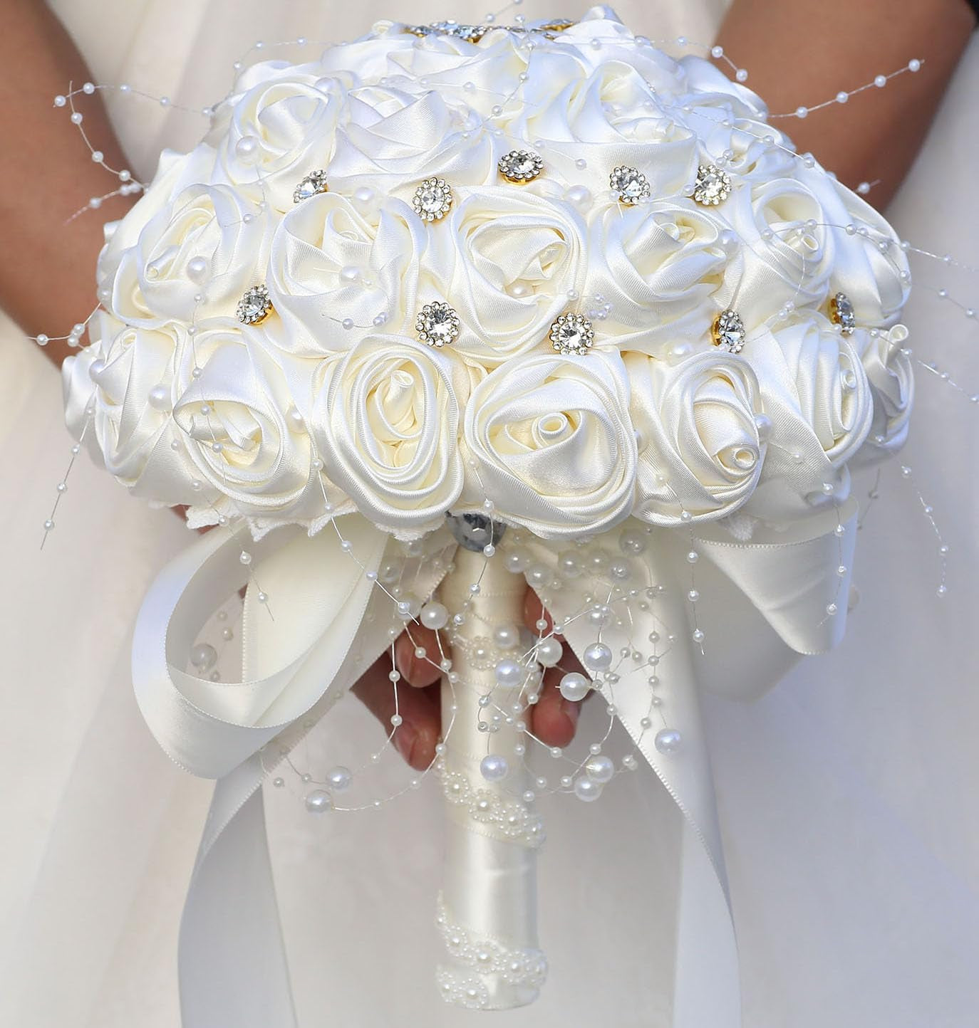 Bridal Wedding Bouquet round Bling Brooch Bouquet Throw Toss Artificial Rose Flower Bunch for Bride Bridesmaid Wedding Quinceanera(White & Black, 7.5")