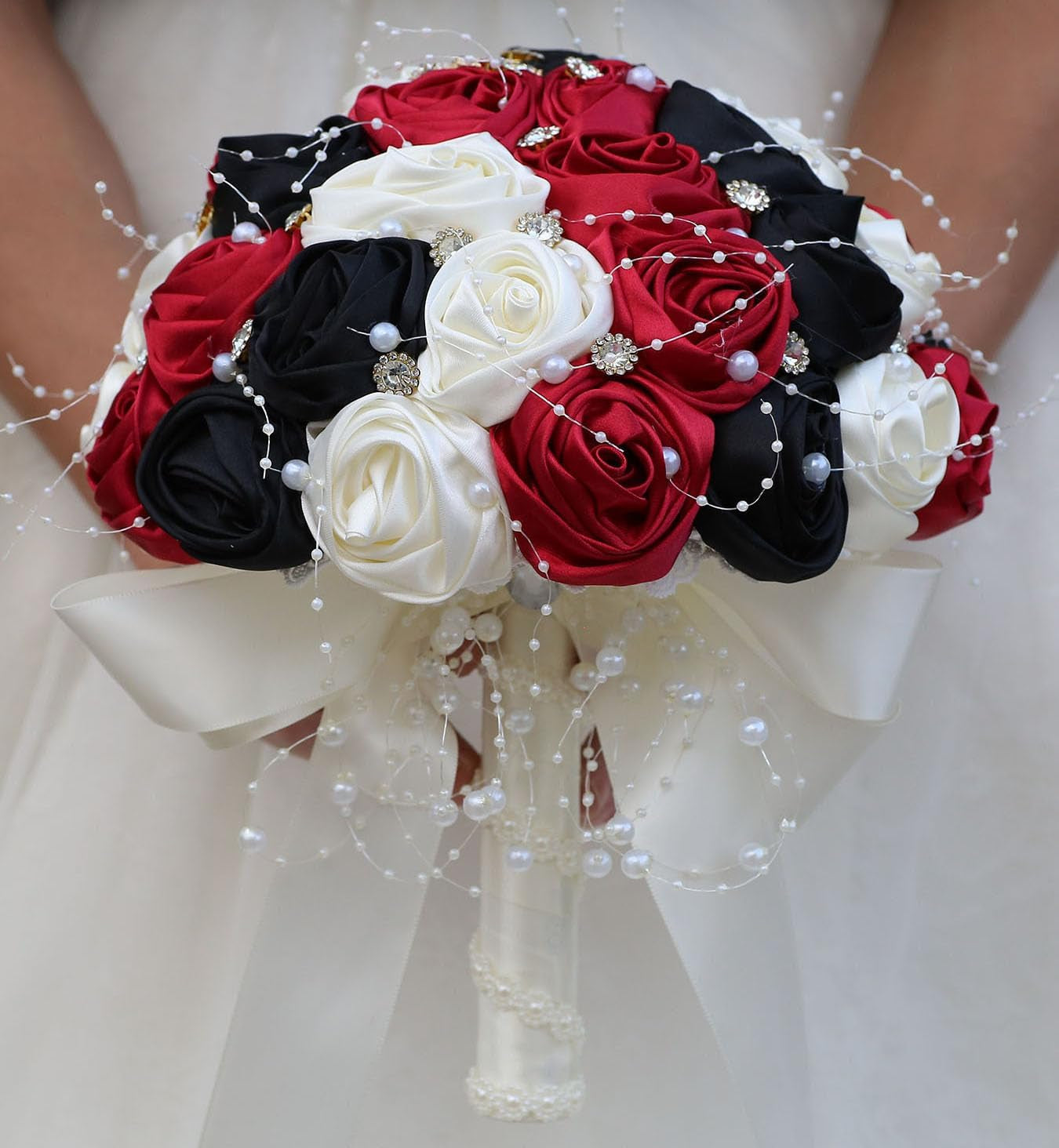 Bridal Wedding Bouquet round Bling Brooch Bouquet Throw Toss Artificial Rose Flower Bunch for Bride Bridesmaid Wedding Quinceanera(White & Black, 7.5")