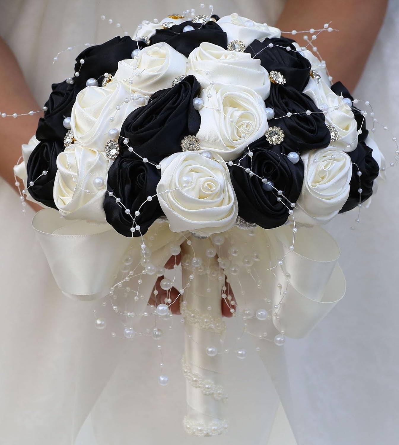 Bridal Wedding Bouquet round Bling Brooch Bouquet Throw Toss Artificial Rose Flower Bunch for Bride Bridesmaid Wedding Quinceanera(White & Black, 7.5")