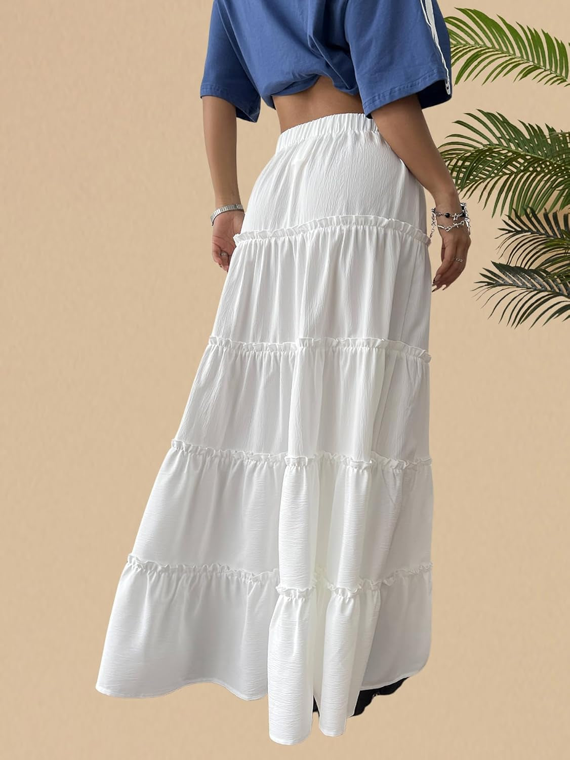 Women'S Elastic Waist Tie Front Tiered Ruffle Hem Long Maxi Skirt Y2K Split Thigh Flowy Skirts