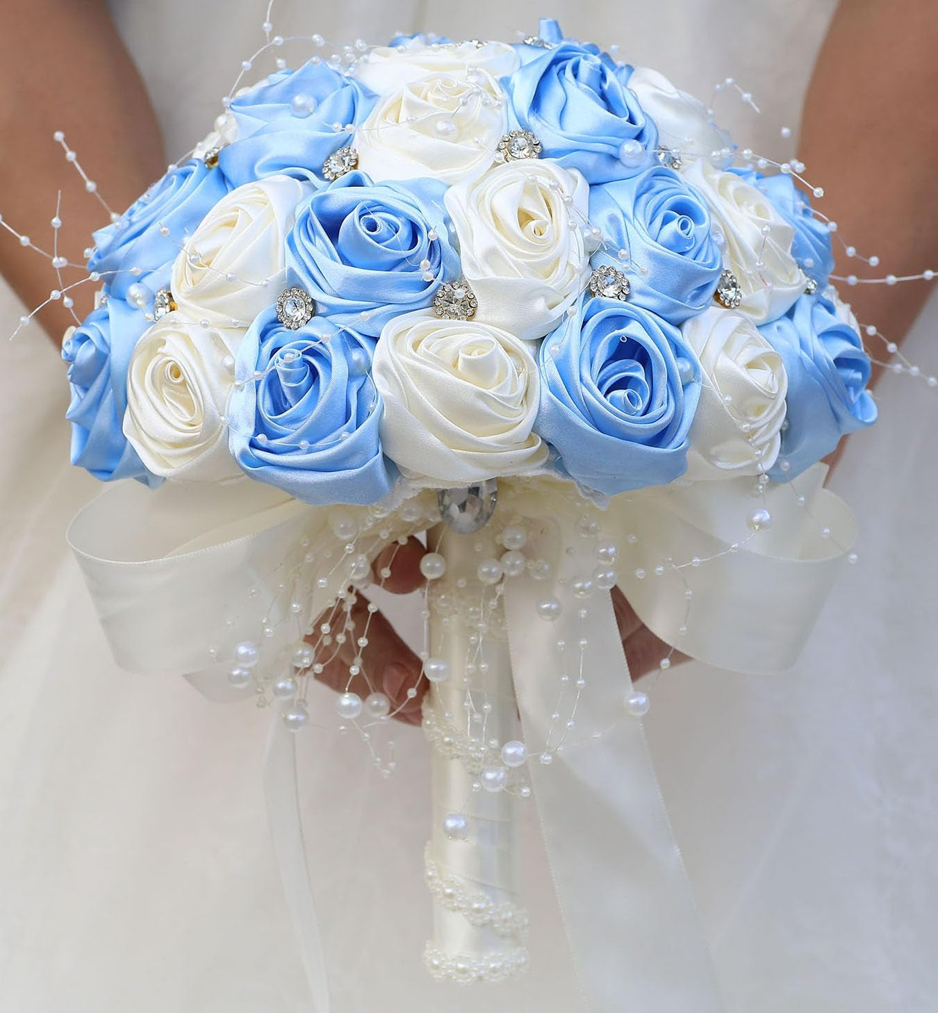 Bridal Wedding Bouquet round Bling Brooch Bouquet Throw Toss Artificial Rose Flower Bunch for Bride Bridesmaid Wedding Quinceanera(White & Black, 7.5")