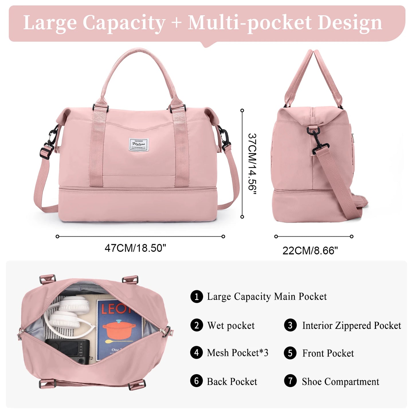 Weekender Travel Bag for Women - Overnight Carry-On Duffel with Shoe Compartment, Personal Item Tote & Matching Toiletry Bag, Gym Bag