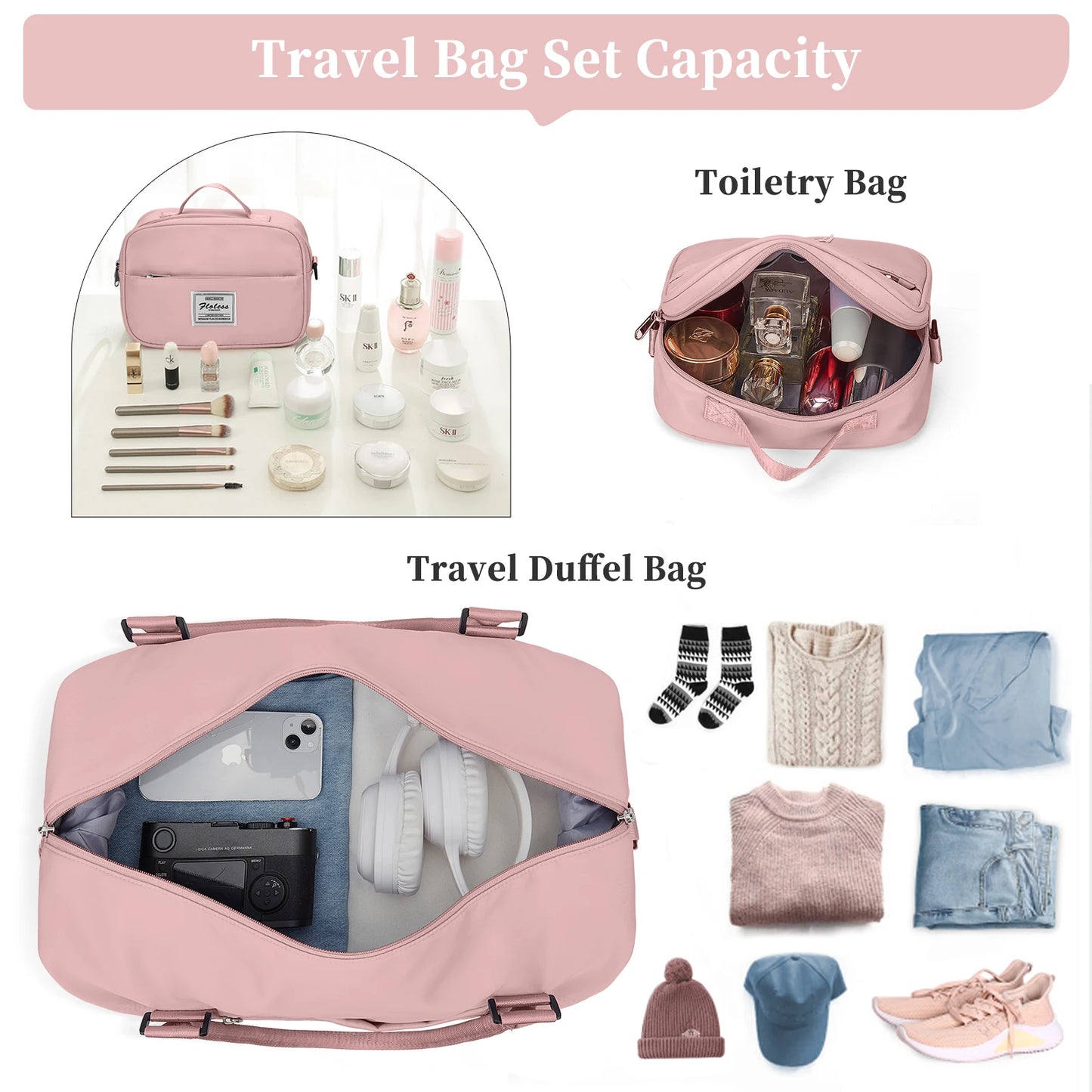 Weekender Travel Bag for Women - Overnight Carry-On Duffel with Shoe Compartment, Personal Item Tote & Matching Toiletry Bag, Gym Bag
