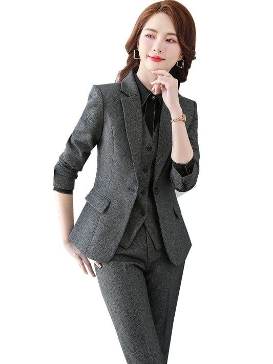 Three-Piece Women's Pant Suit: Stylish Office Set with Blazer, Vest, and Trousers for Formal Business Wear