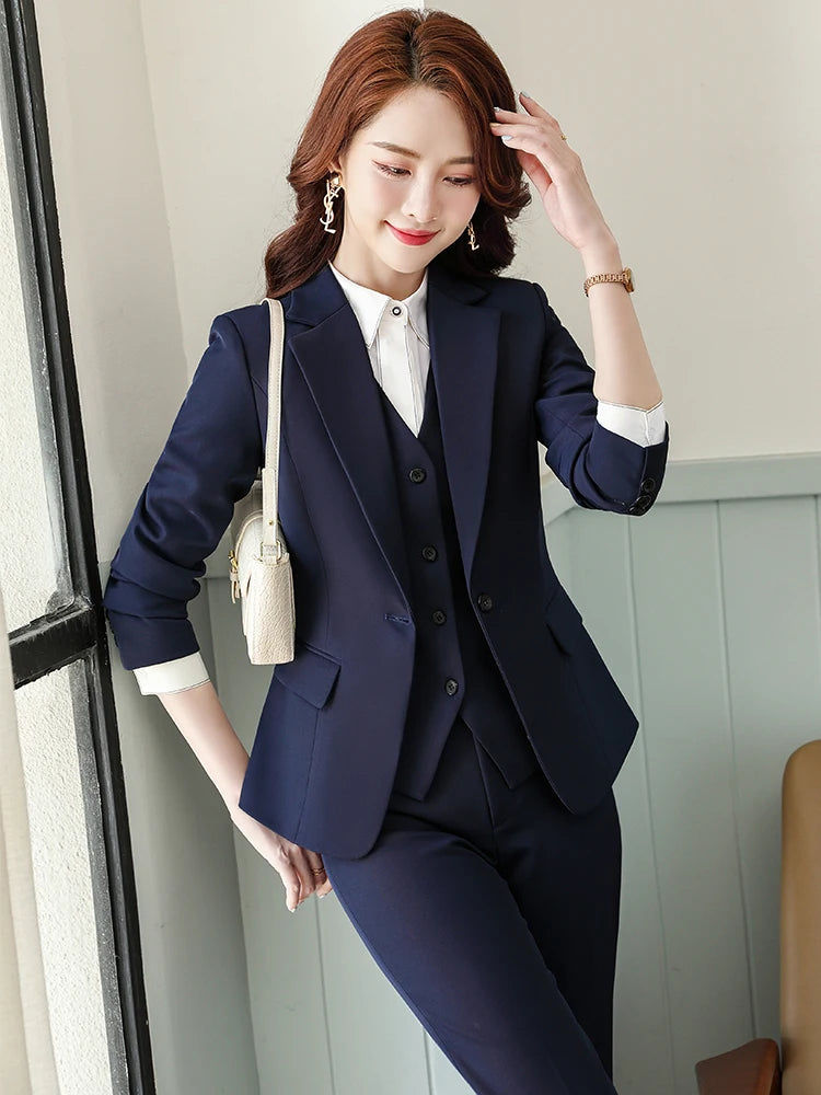 Three-Piece Women's Pant Suit: Stylish Office Set with Blazer, Vest, and Trousers for Formal Business Wear