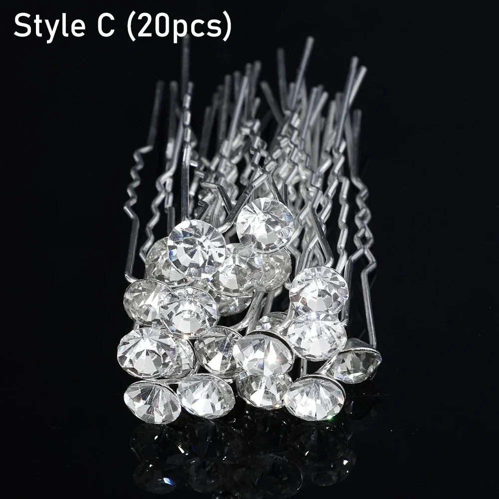 20 pcs Elegant Pearl & Crystal Bridal Hairpins – U-Shaped Metal Hair Forks & Hair Combs for Wedding Hairstyles & Accessories