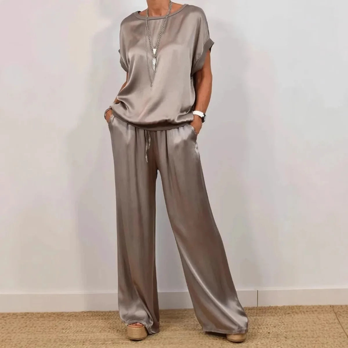 Women's Satin two Piece Set - Casual Loose O-Neck Short Sleeve T-Shirt & Wide Leg Pants Outfit for Spring Summer