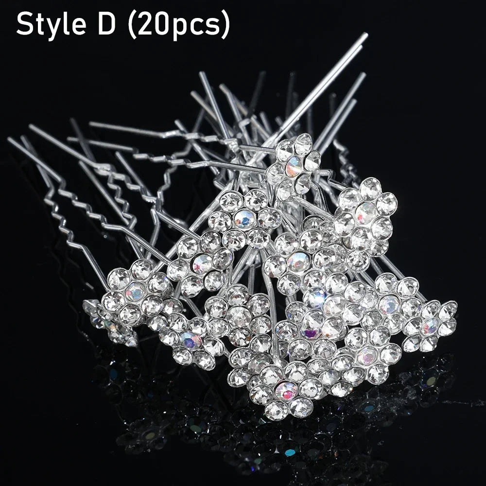 20 pcs Elegant Pearl & Crystal Bridal Hairpins – U-Shaped Metal Hair Forks & Hair Combs for Wedding Hairstyles & Accessories