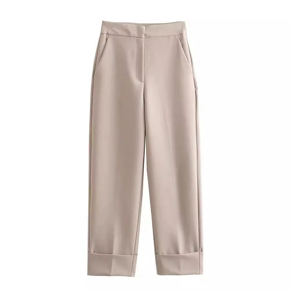 Women's Suit Set - Khaki Vest & High Waisted Straight Leg Pants, Chic Two Piece Outfit for Autumn Fashion