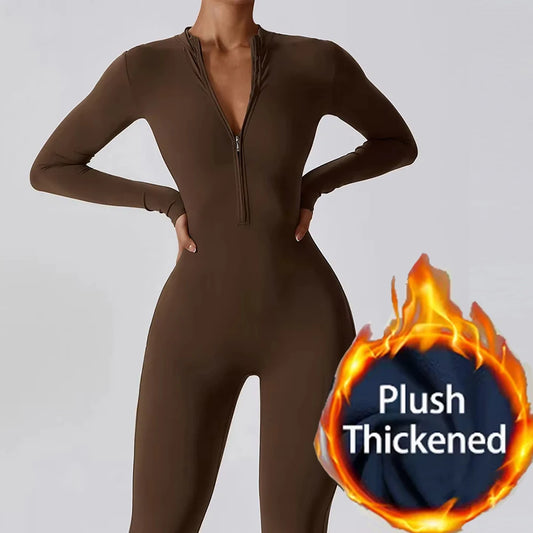 Women's Long-Sleeve Winter Fitness Jumpsuit - Zipper Workout Bodysuit Tracksuit