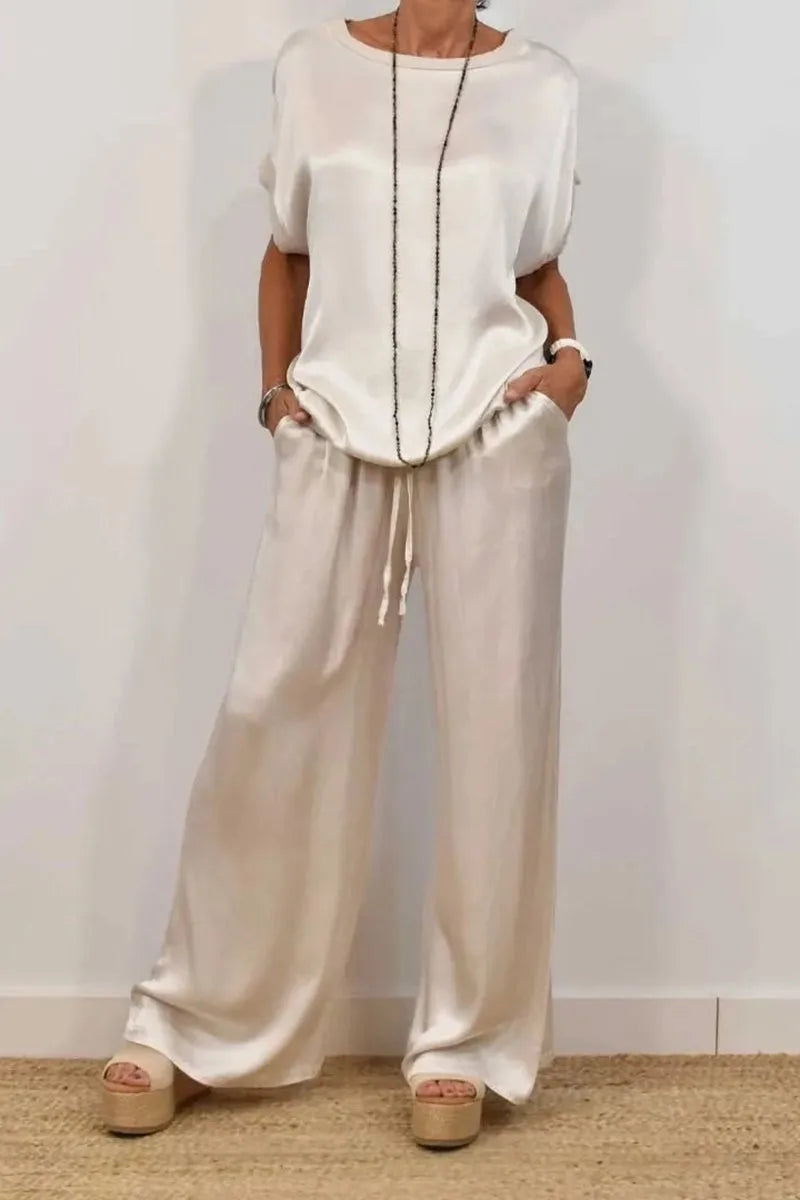 Women's Satin two Piece Set - Casual Loose O-Neck Short Sleeve T-Shirt & Wide Leg Pants Outfit for Spring Summer
