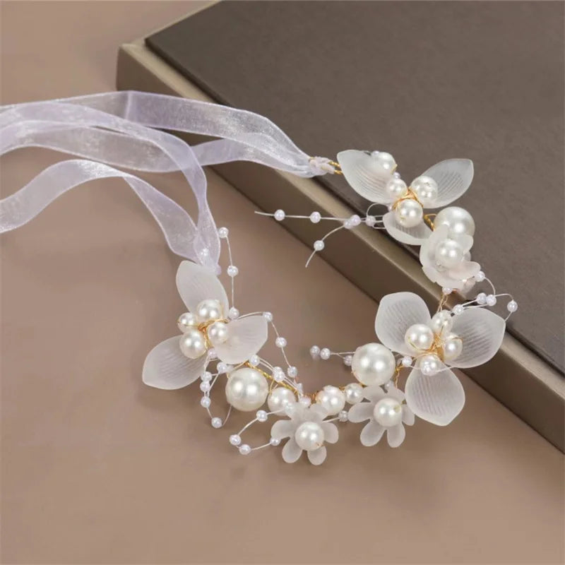 Bohemian Girls Bridal Pearl Hair Headdress Flower Wreath