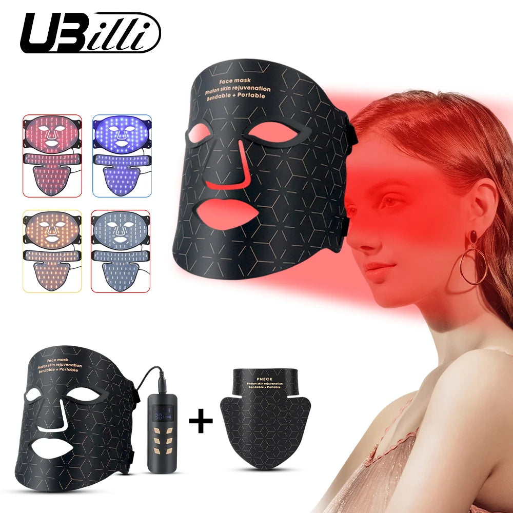 Flexible Silicone LED Face & Neck Mask - Red Light Photon Therapy for Wrinkle Repair & Skin Brightening