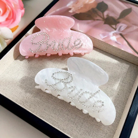Bride Hair Claw Clip – White Ponytail Holder with Rhinestone Bride Letter Design for Weddings & Bridal Parties