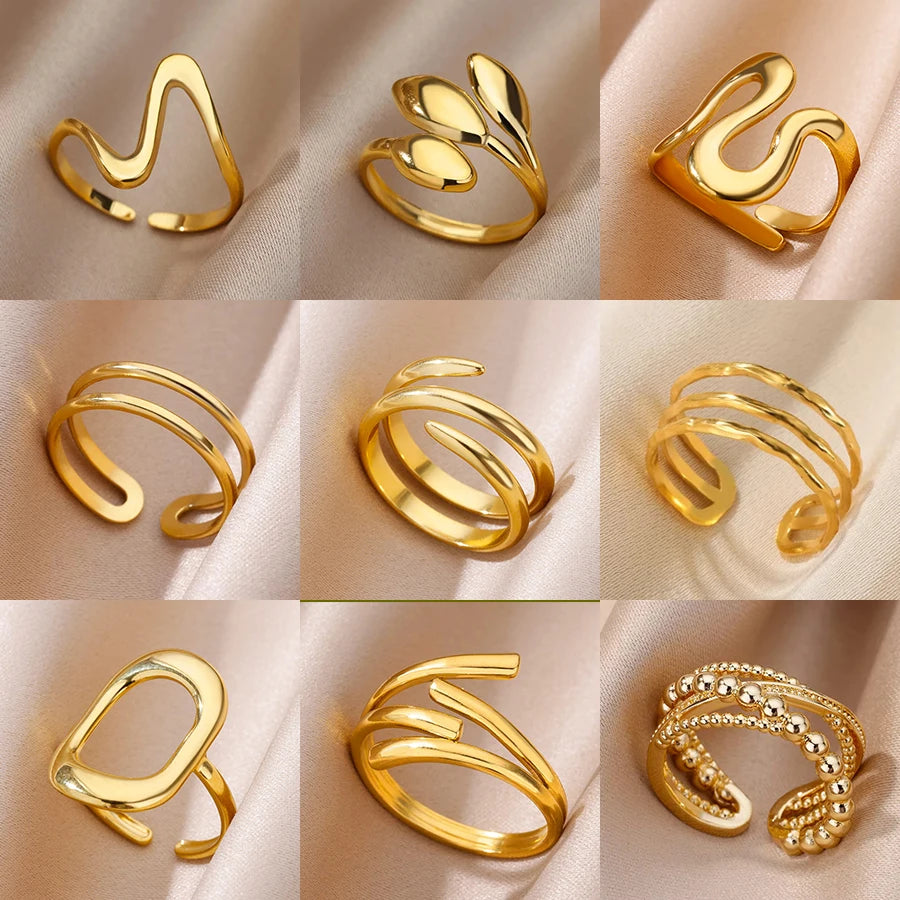 316L Stainless Steel Geometric Open Ring for Women - Gold Color, Waterproof & Tarnish-Resistant Vintage Aesthetic Jewelry
