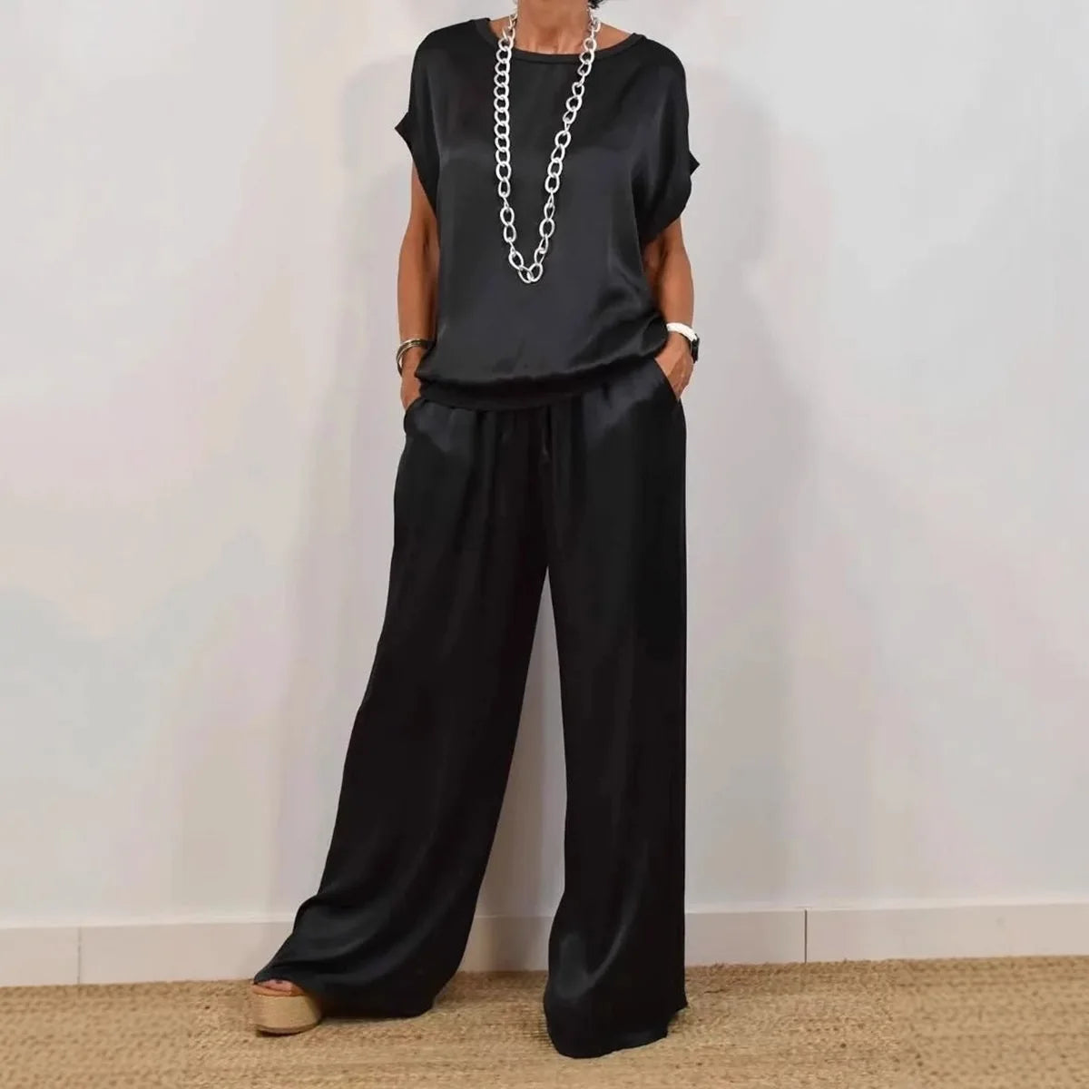 Women's Satin two Piece Set - Casual Loose O-Neck Short Sleeve T-Shirt & Wide Leg Pants Outfit for Spring Summer