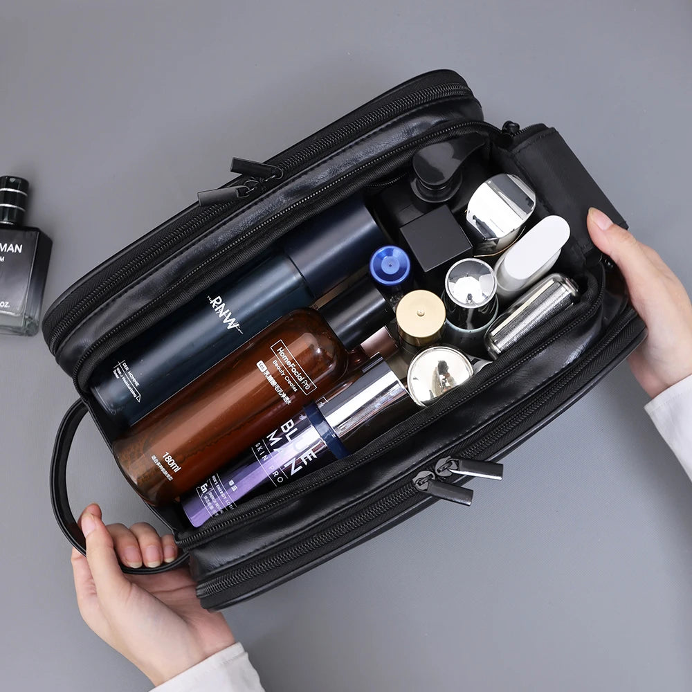 Multi-Pocket Leather Toiletry Bag-Waterproof Hanging Travel Makeup & Cosmetic Organizer for Women & Men