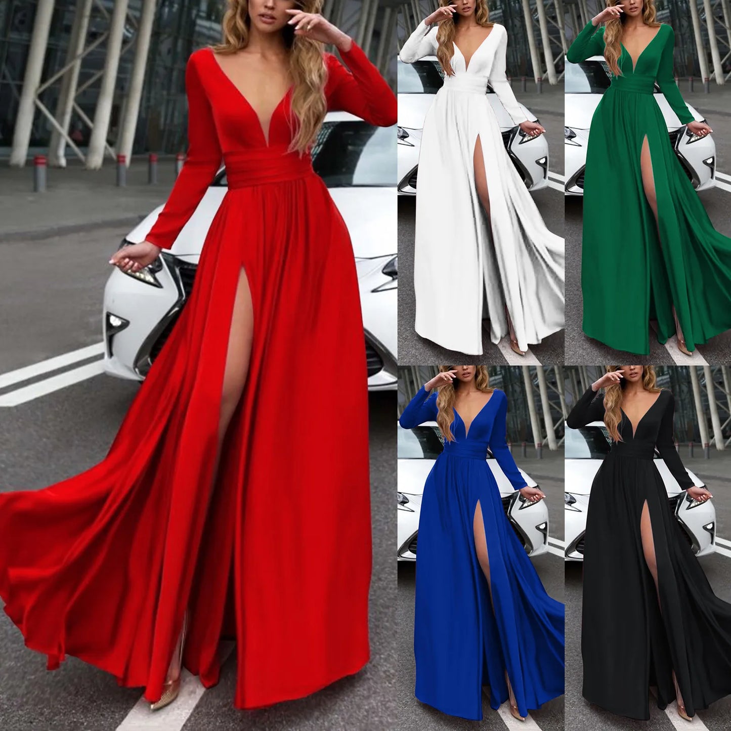 Women's Red Wrap Maxi Dress - Deep V Neck, Split A Line, Evening Party Gown