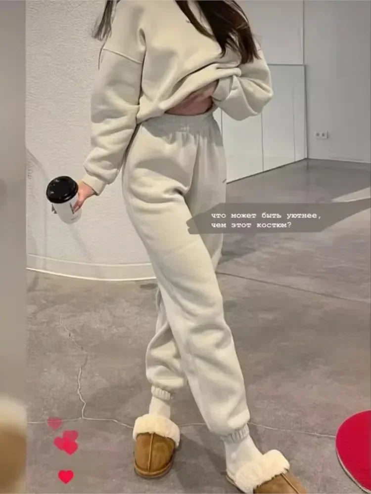 Women's Casual Sports Suit 2 Piece Set - Solid Color Warm Hoddie + Pants / Fashion Jogger Outfit Tracksuit