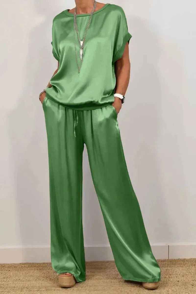 Women's Satin two Piece Set - Casual Loose O-Neck Short Sleeve T-Shirt & Wide Leg Pants Outfit for Spring Summer