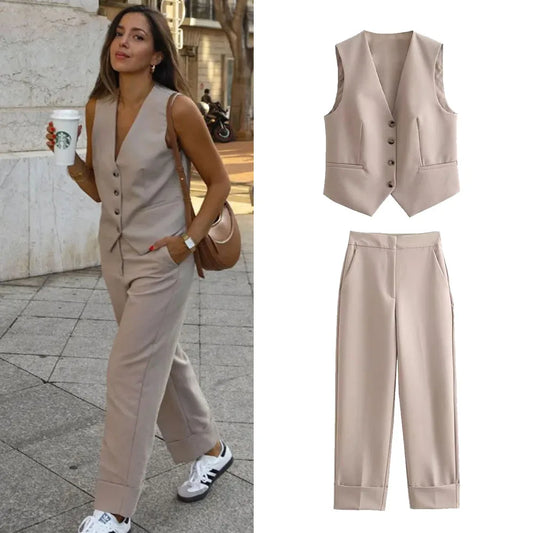 Women's Suit Set - Khaki Vest & High Waisted Straight Leg Pants, Chic Two Piece Outfit for Autumn Fashion