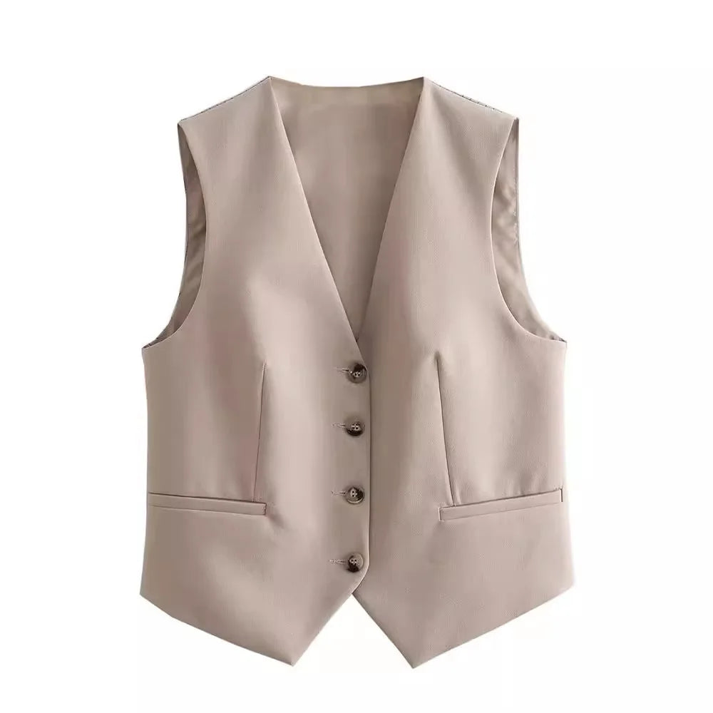 Women's Suit Set - Khaki Vest & High Waisted Straight Leg Pants, Chic Two Piece Outfit for Autumn Fashion