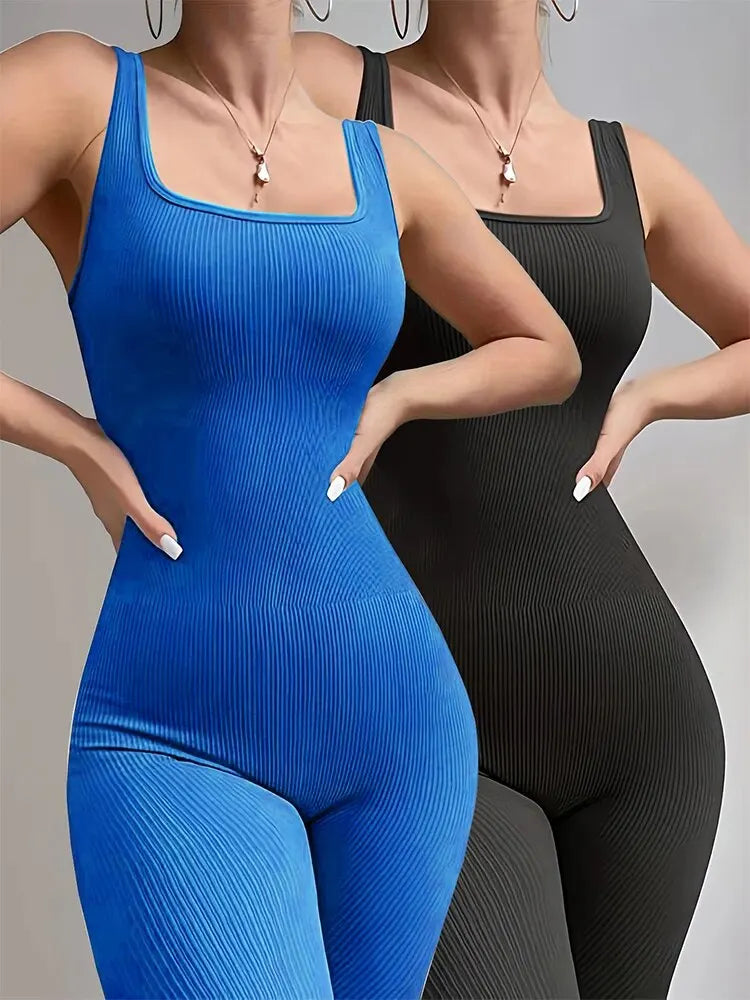 Women's 2-Piece Yoga Jumpsuit Exercise Ribbed Square Collar Sleeveless Vest Sports Jumpsuit