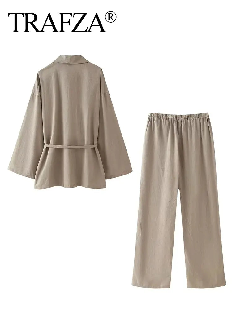 Women's Wide Leg Pants Suit Set - Fashion Lapel V-Neck Long Sleeve Blazer with Belt / Elegant Solid Color Outfit