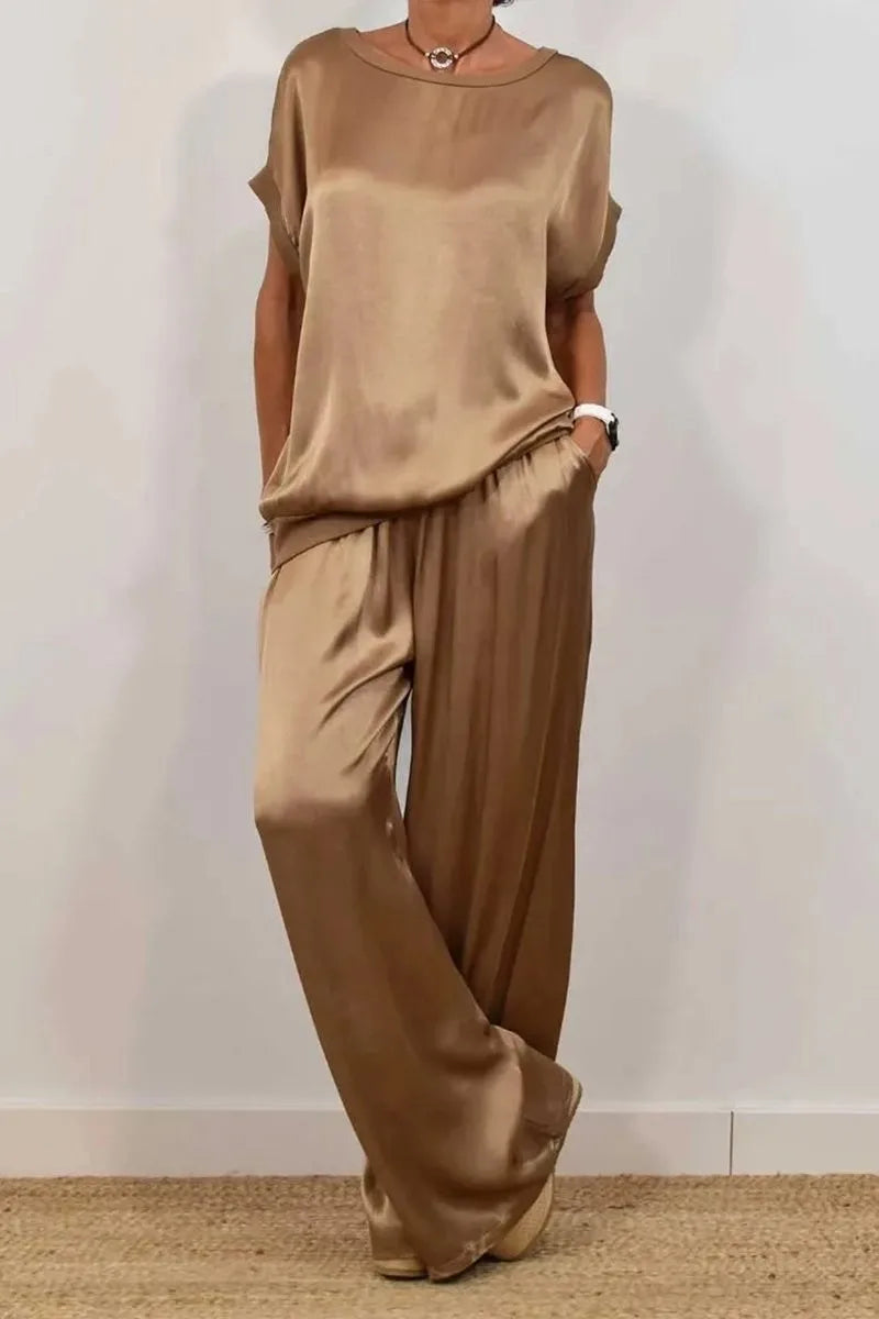 Women's Satin two Piece Set - Casual Loose O-Neck Short Sleeve T-Shirt & Wide Leg Pants Outfit for Spring Summer