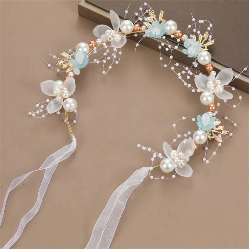 Bohemian Girls Bridal Pearl Hair Headdress Flower Wreath