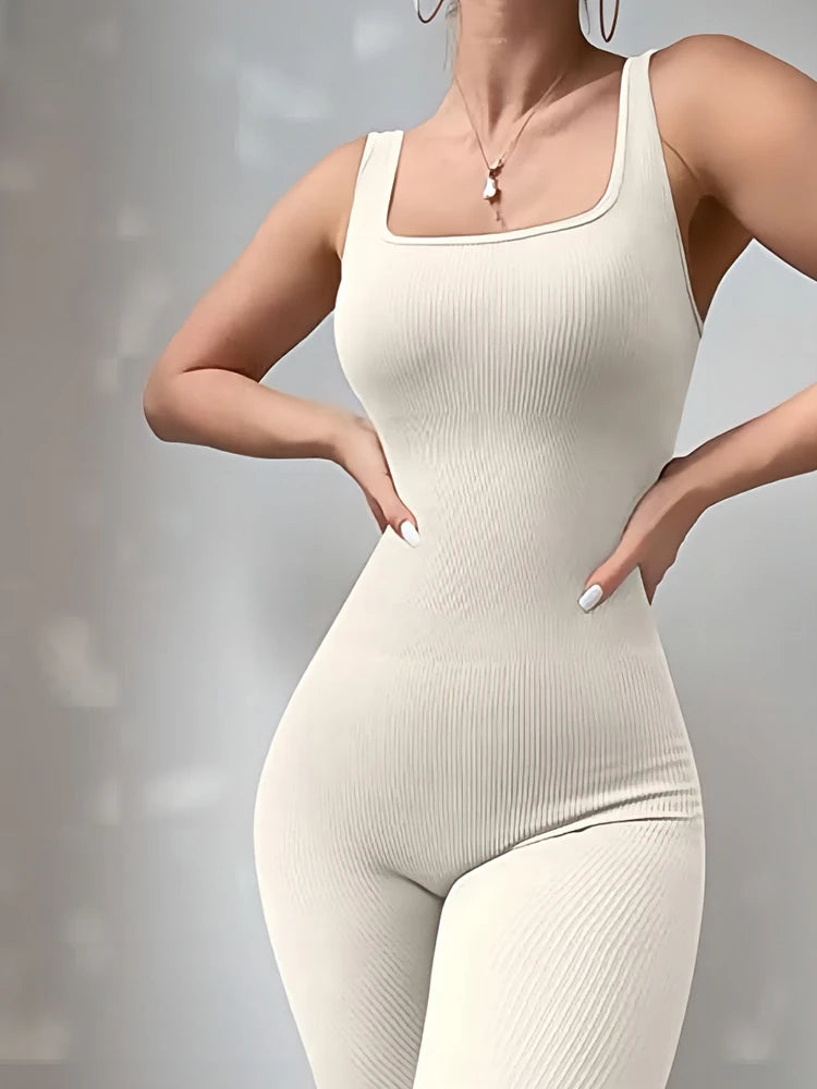 Women's 2-Piece Yoga Jumpsuit Exercise Ribbed Square Collar Sleeveless Vest Sports Jumpsuit