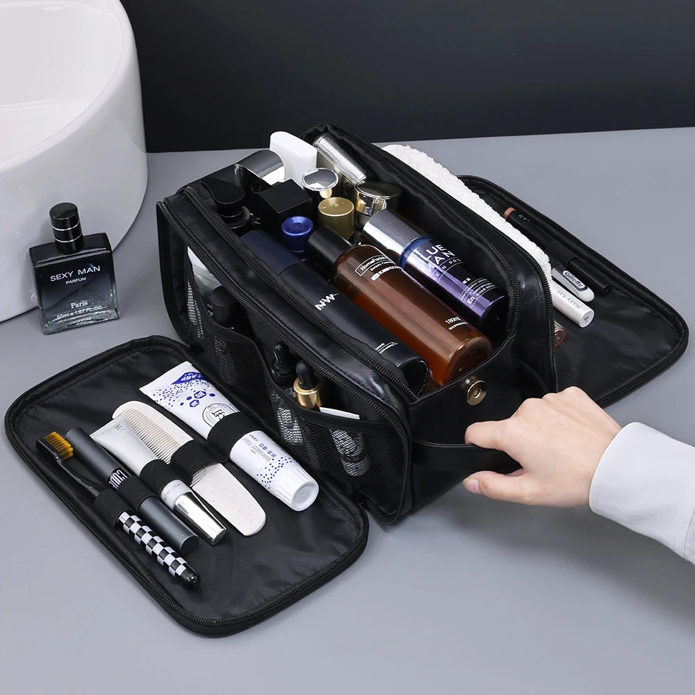 Multi-Pocket Leather Toiletry Bag-Waterproof Hanging Travel Makeup & Cosmetic Organizer for Women & Men