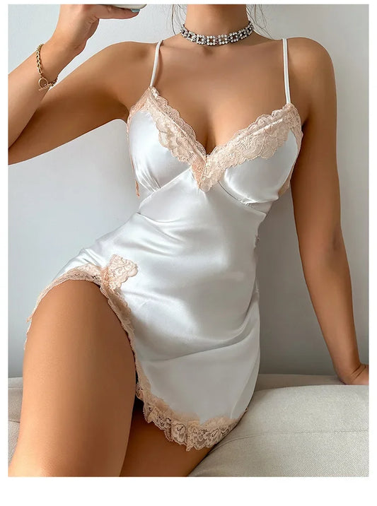 Women's White Satin Lace Nightgown - Backless Mini Lingerie Sleepwear