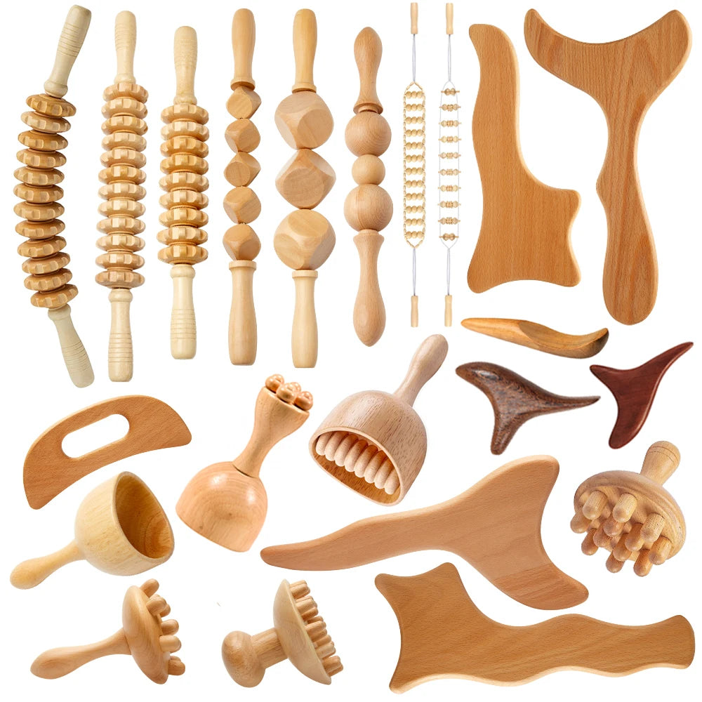 Wood Therapy Massage Tools Set - Wooden Gua Sha Board, Scraper & Massage Roller for Cellulite, Lymphatic Drainage & Muscle Relief