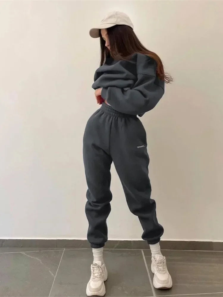 Women's Casual Sports Suit 2 Piece Set - Solid Color Warm Hoddie + Pants / Fashion Jogger Outfit Tracksuit