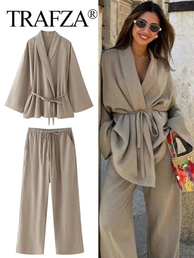 Women's Wide Leg Pants Suit Set - Fashion Lapel V-Neck Long Sleeve Blazer with Belt / Elegant Solid Color Outfit