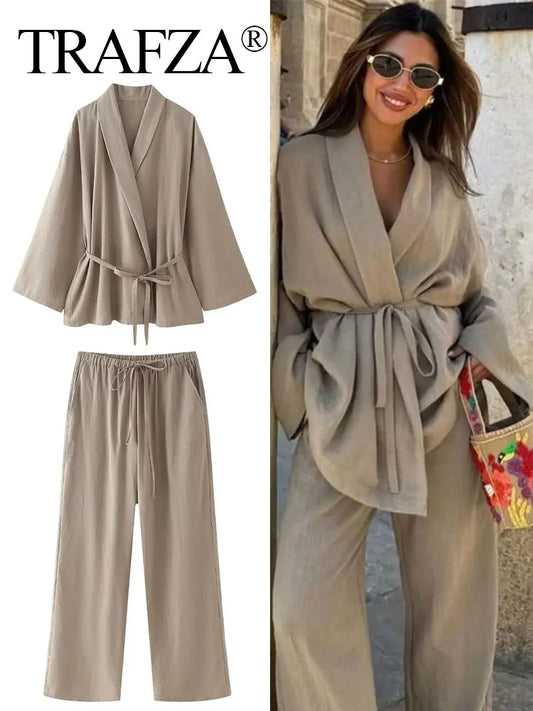 Women's Wide Leg Pants Suit Set - Fashion Lapel V-Neck Long Sleeve Blazer with Belt / Elegant Solid Color Outfit