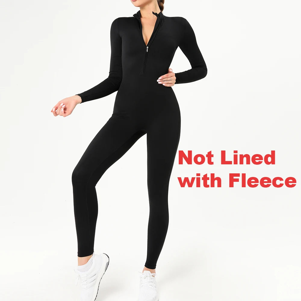 Women's Long-Sleeve Winter Fitness Jumpsuit - Zipper Workout Bodysuit Tracksuit