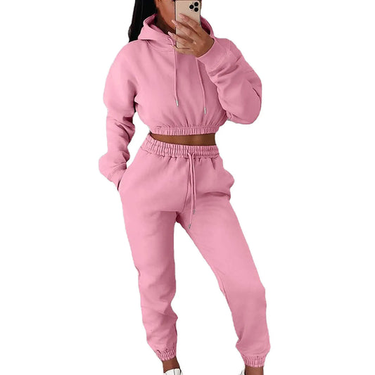 Chic Women's 2-Piece Long Sleeve Crop Top Hoodie & Sweat Pants Set