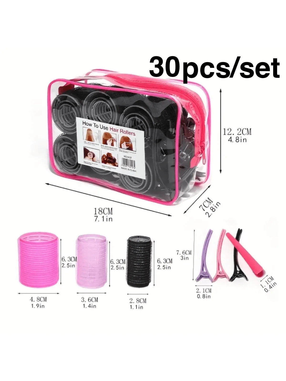 30 pcs Self Grip Heatless Hair Curlers Set - DIY Hair Styling Rollers for Voluminous Curls / No Heat Required