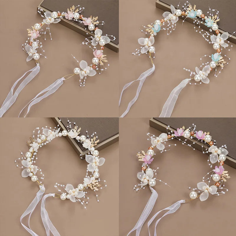 Bohemian Girls Bridal Pearl Hair Headdress Flower Wreath