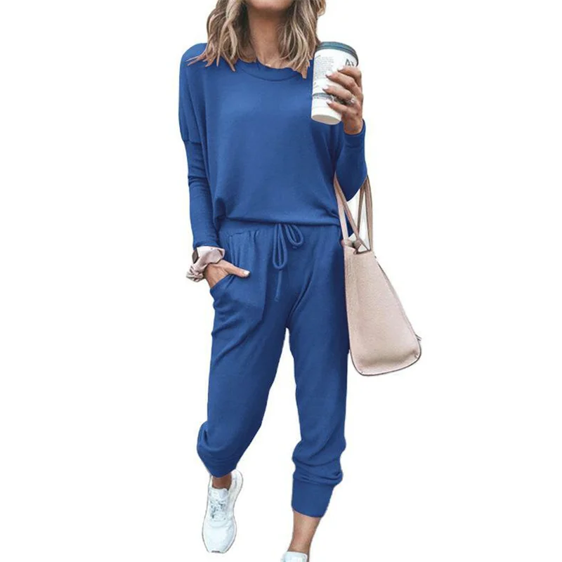 Women's Long Sleeve Pajama Set - Casual Solid Color Round Neck Top & Pants / Simple O-Neck 2 Piece Loungewear Outfit