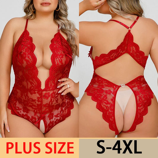 Plus Size Lace Crotchless Lingerie - Deep V Teddy Body Suit & Babydoll Dress