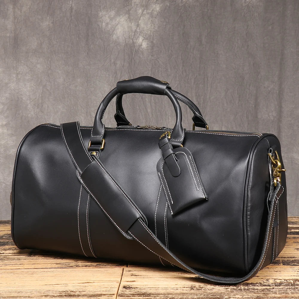 Unisex Crazy Horse Leather Crossbody Bag-Large Capacity Cowhide Handbag with Shoe Compartment, Dual-Use Travel Bag
