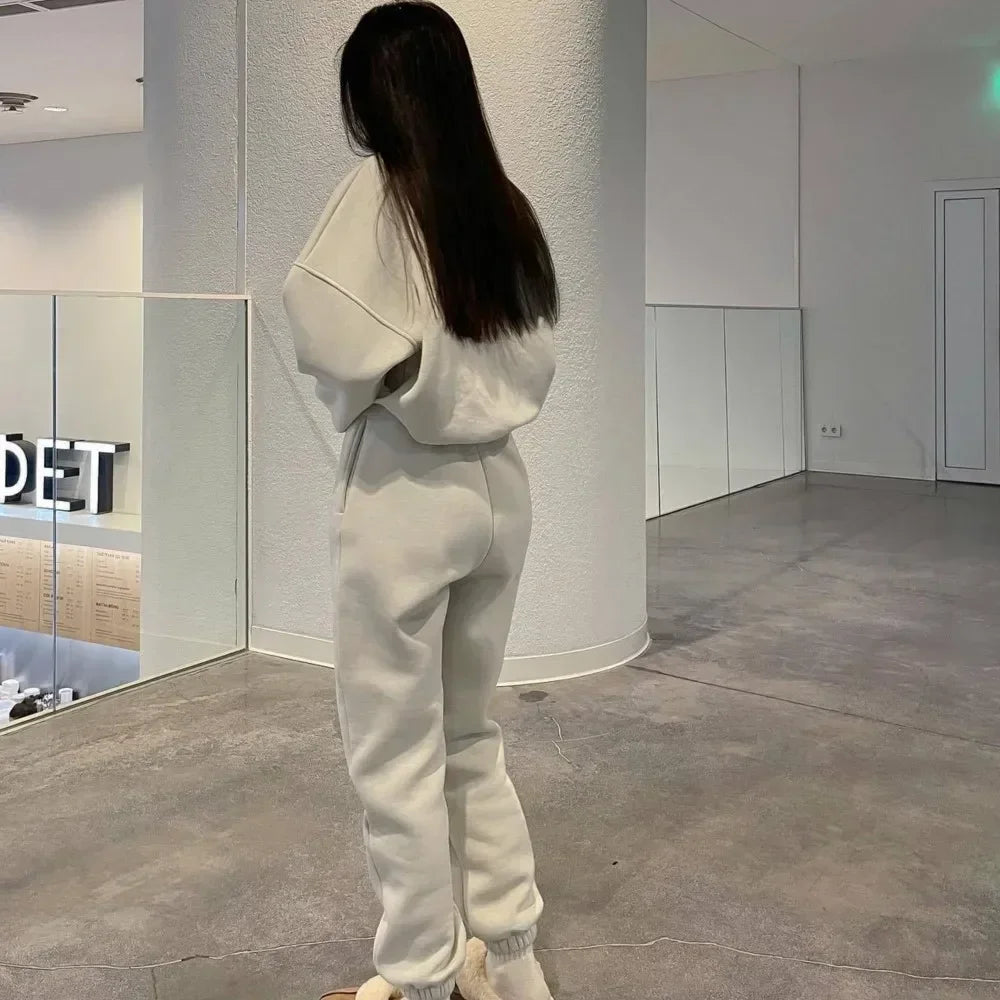 Women's Casual Sports Suit 2 Piece Set - Solid Color Warm Hoddie + Pants / Fashion Jogger Outfit Tracksuit