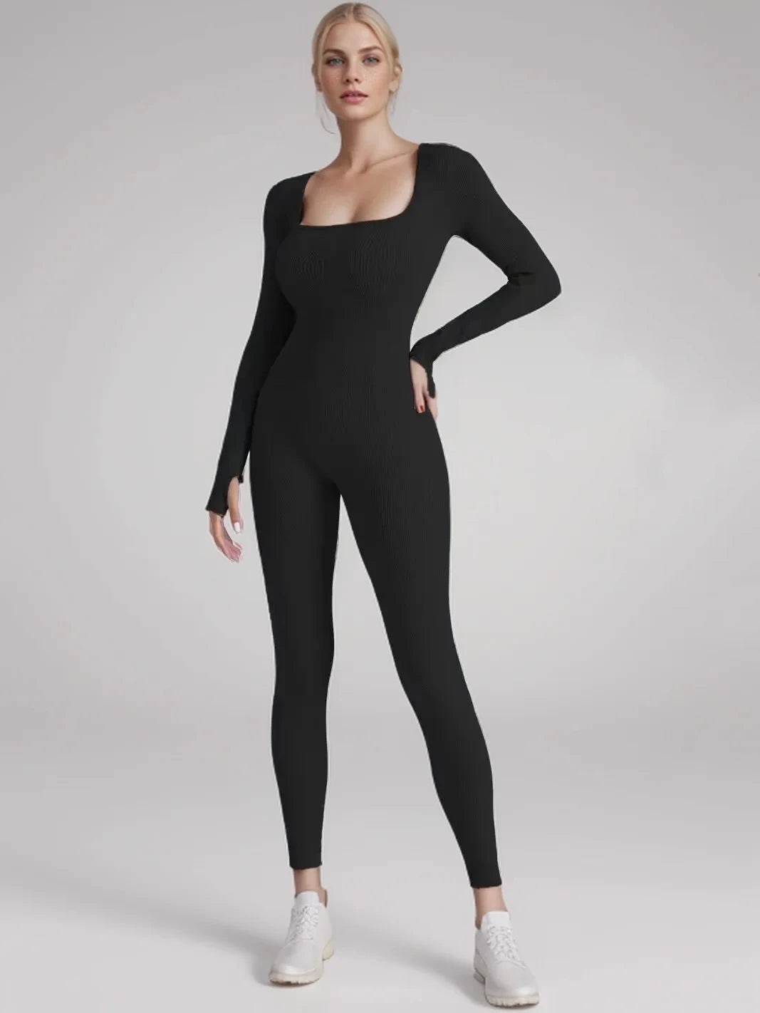 Women's High Quality Threaded Fabric Jumpsuit - Long Sleeve Yoga Shapewear Bodysuit with Hip-Lift Design
