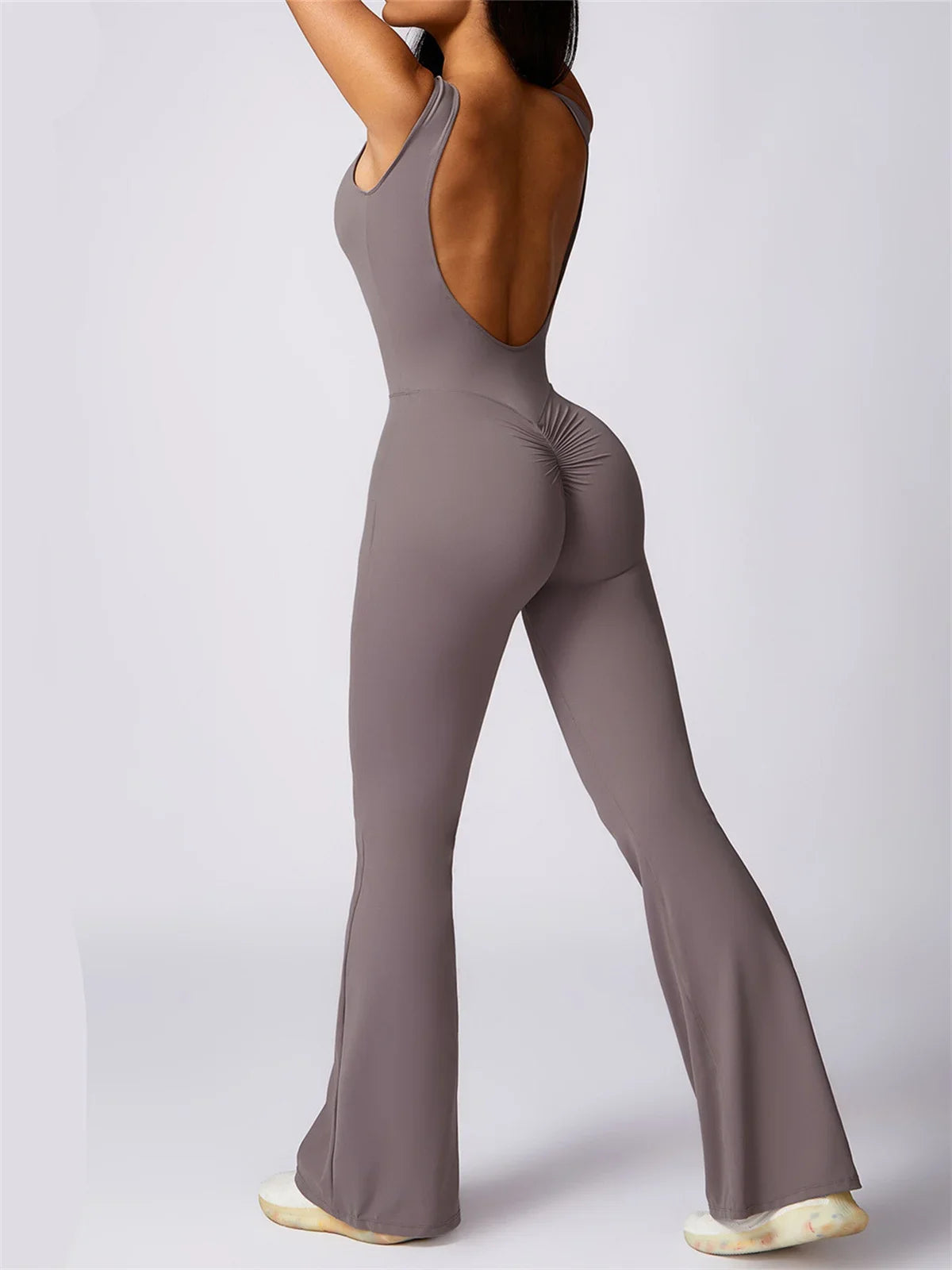Hollow Out Backless One-Piece Yoga Jumpsuit - Women's Sleeveless Fitness Bodysuit with Flare Legs