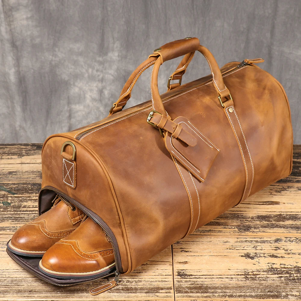 Unisex Crazy Horse Leather Crossbody Bag-Large Capacity Cowhide Handbag with Shoe Compartment, Dual-Use Travel Bag