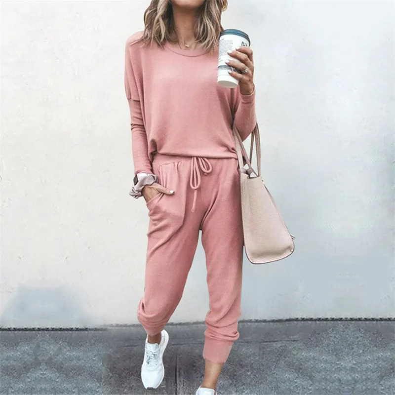 Women's Long Sleeve Pajama Set - Casual Solid Color Round Neck Top & Pants / Simple O-Neck 2 Piece Loungewear Outfit