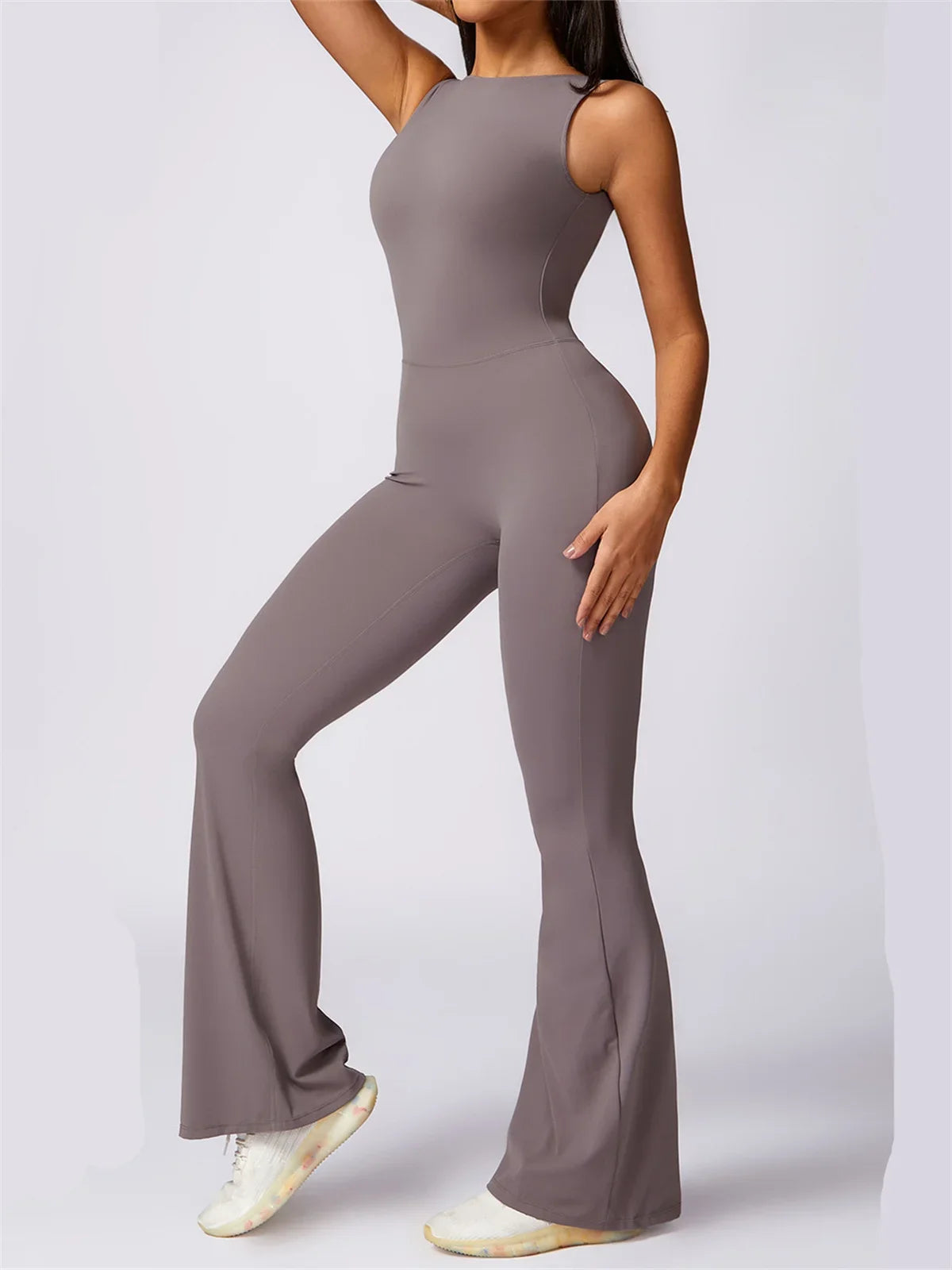 Hollow Out Backless One-Piece Yoga Jumpsuit - Women's Sleeveless Fitness Bodysuit with Flare Legs
